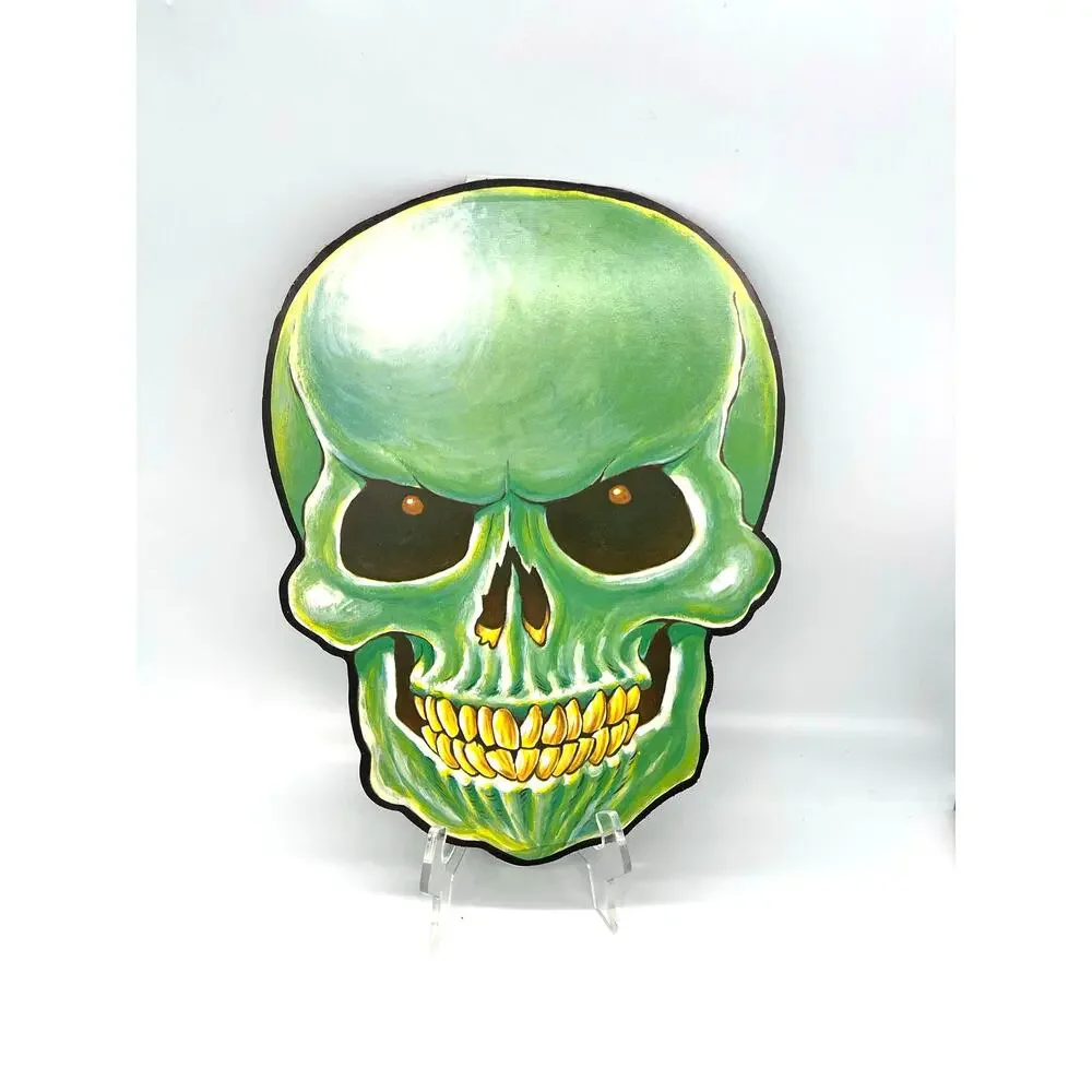 Vintage Peck USA Halloween Die Cut Green Skull Decoration Dbl Sided 13